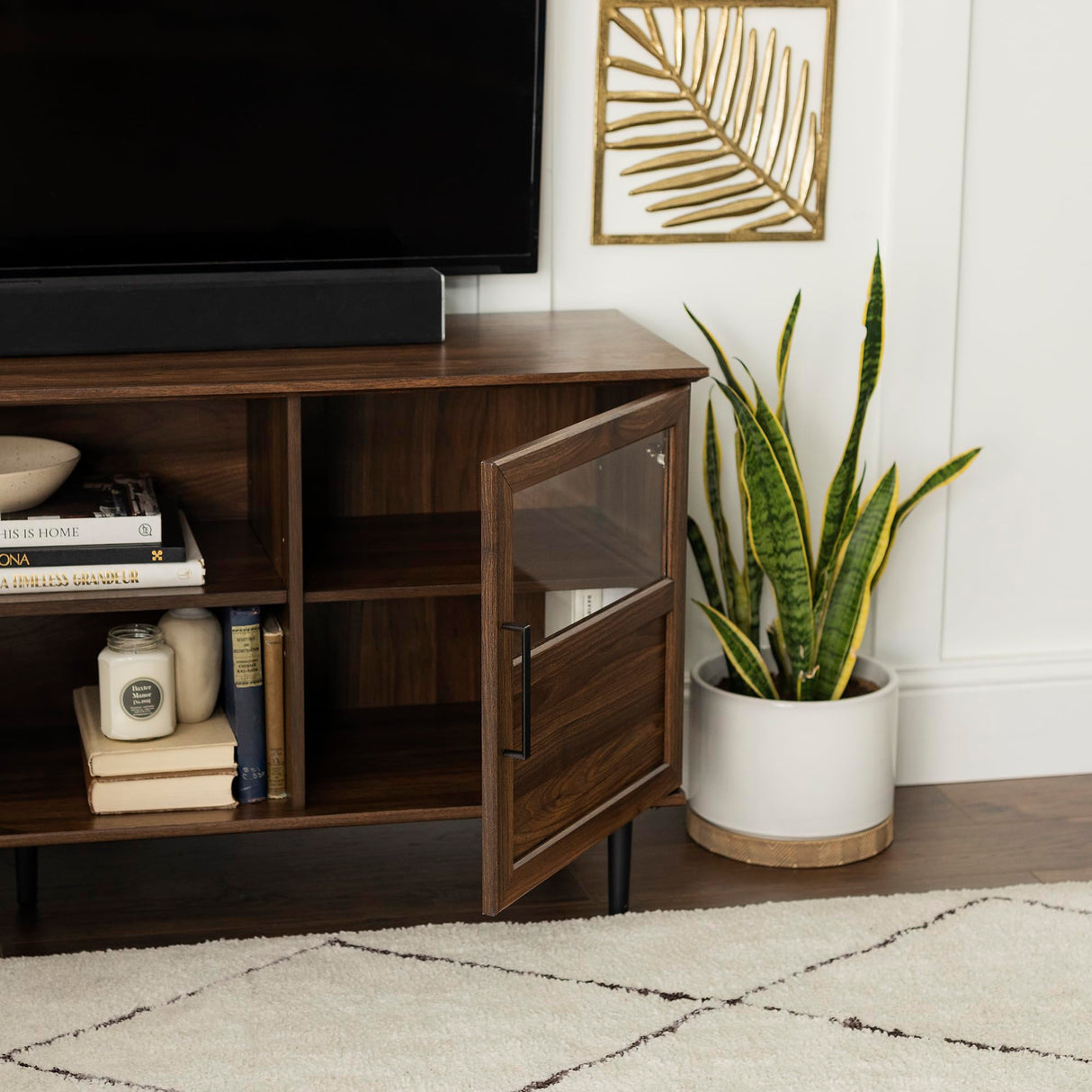 Modern Farmhouse Wood and Glass TV Stand with 2 Cabinet Doors for TV