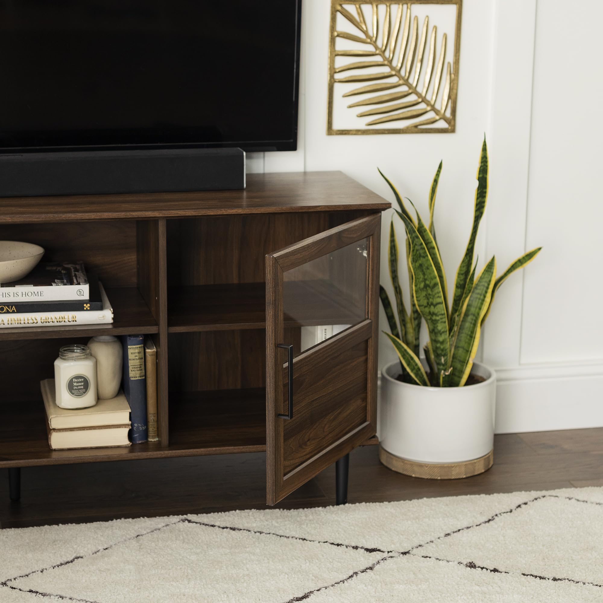 Modern Farmhouse Wood and Glass TV Stand with 2 Cabinet Doors for TV