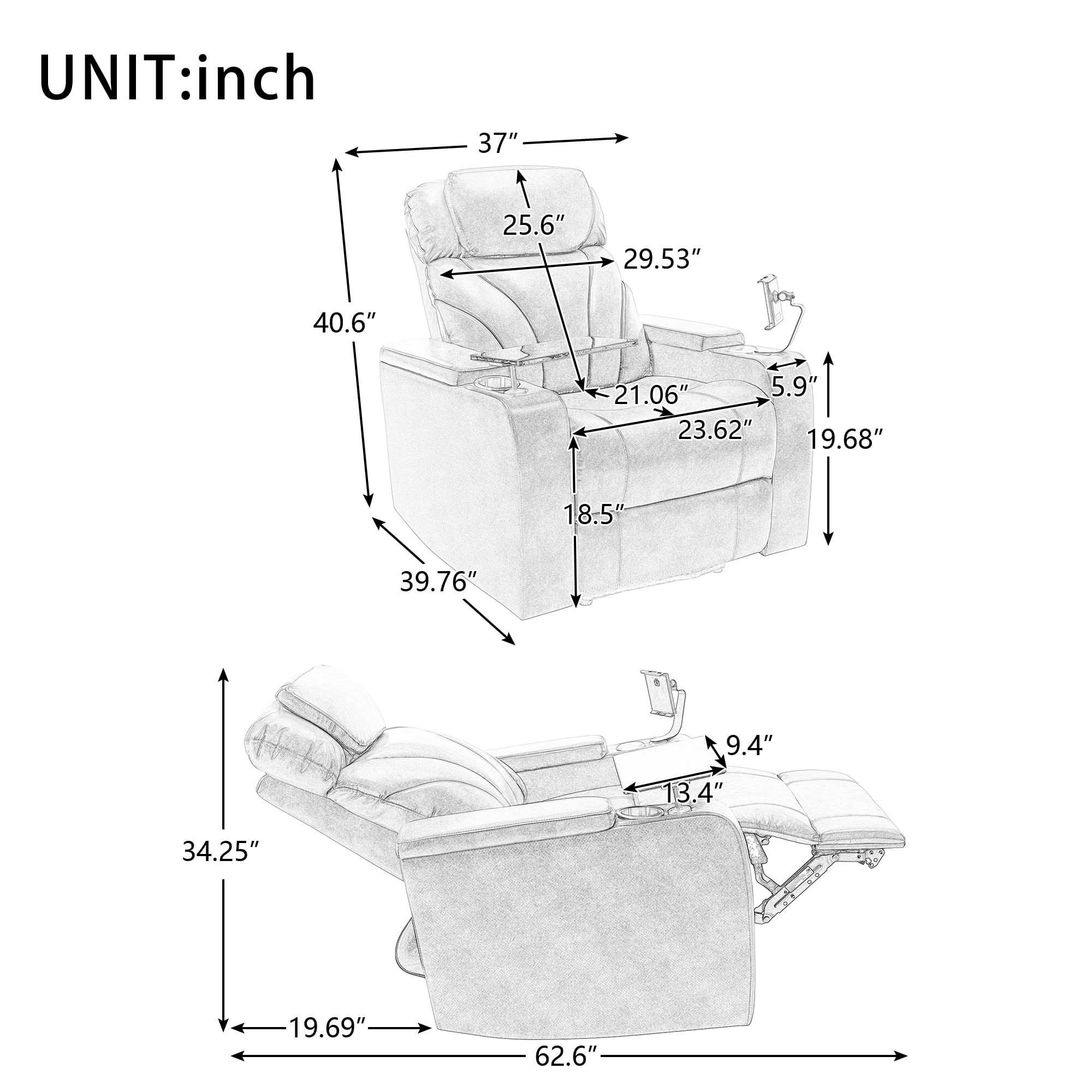 Leather Recliner Power Chair, Home Theater Seating with Multimedia Audio Armrest