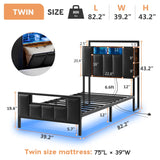 Twin Bed Frame with Storage Headboard & Charging Station, Upholstered Platform Bed