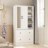 Wardrobe Armoire Wooden Closet with Mirror, 2 Doors, 2 Drawers