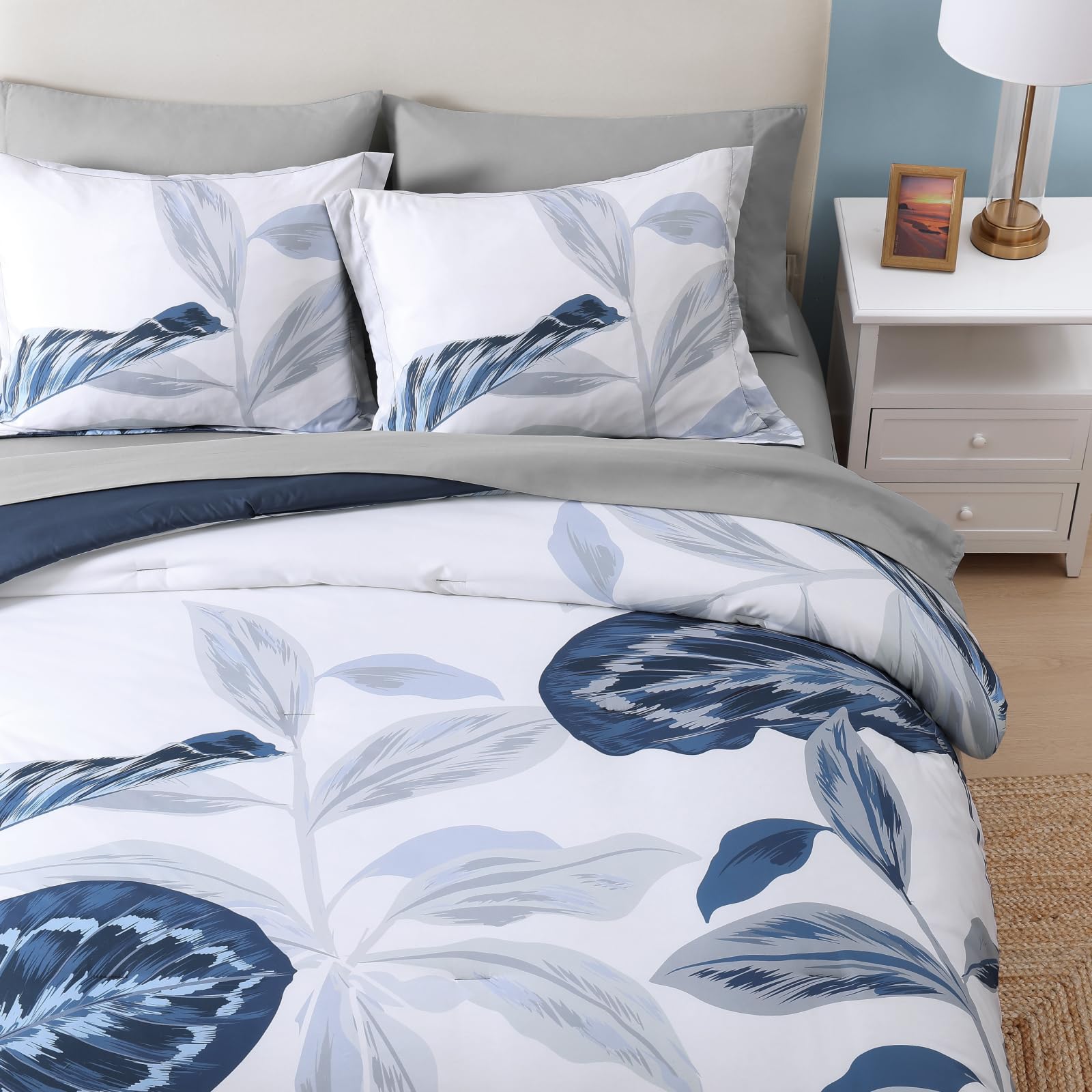 Queen Comforter Set - 7 Piece Blue Tropical Leaves Bedding Collection