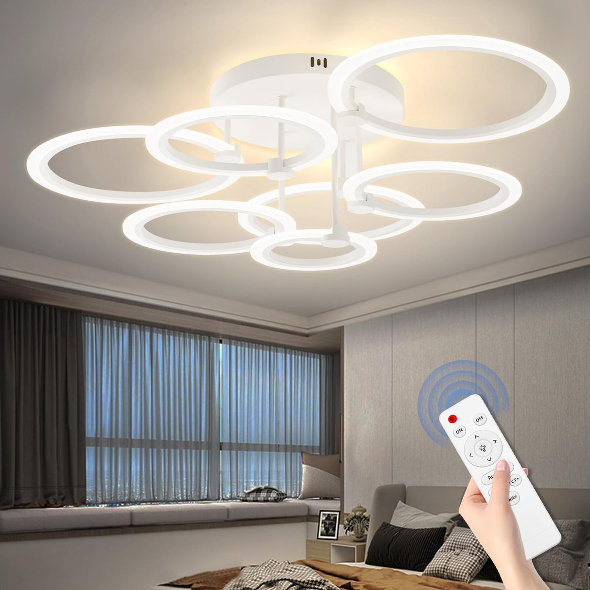 1pc 7 Rings Black and 1pc White Modern Ceiling Light Fixtures with Remote,31.8" 130W