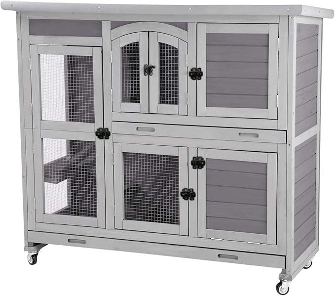 Rabbit Hutch Indoor Bunny Cage Wooden Guinea Pig House with Wire Floor, Wheels