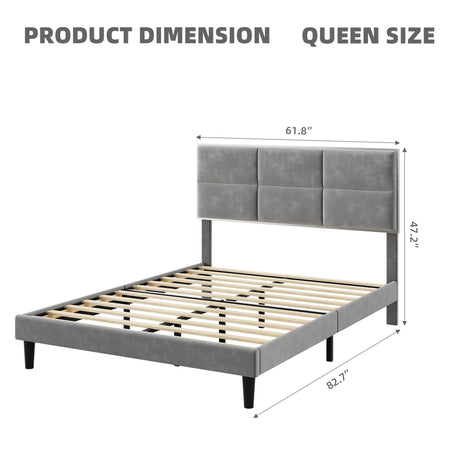 Queen Size Velvet Bed Frame with Headboard, Modern Upholstered Platform Bed,