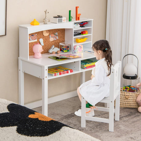 and Chair Set, Wooden Study Desk for Kids with Storage, Hutch, Cork Bulletin Board, Student Writing Computer Workstation, Kids Desk for Study Room, Bedroom, School, White