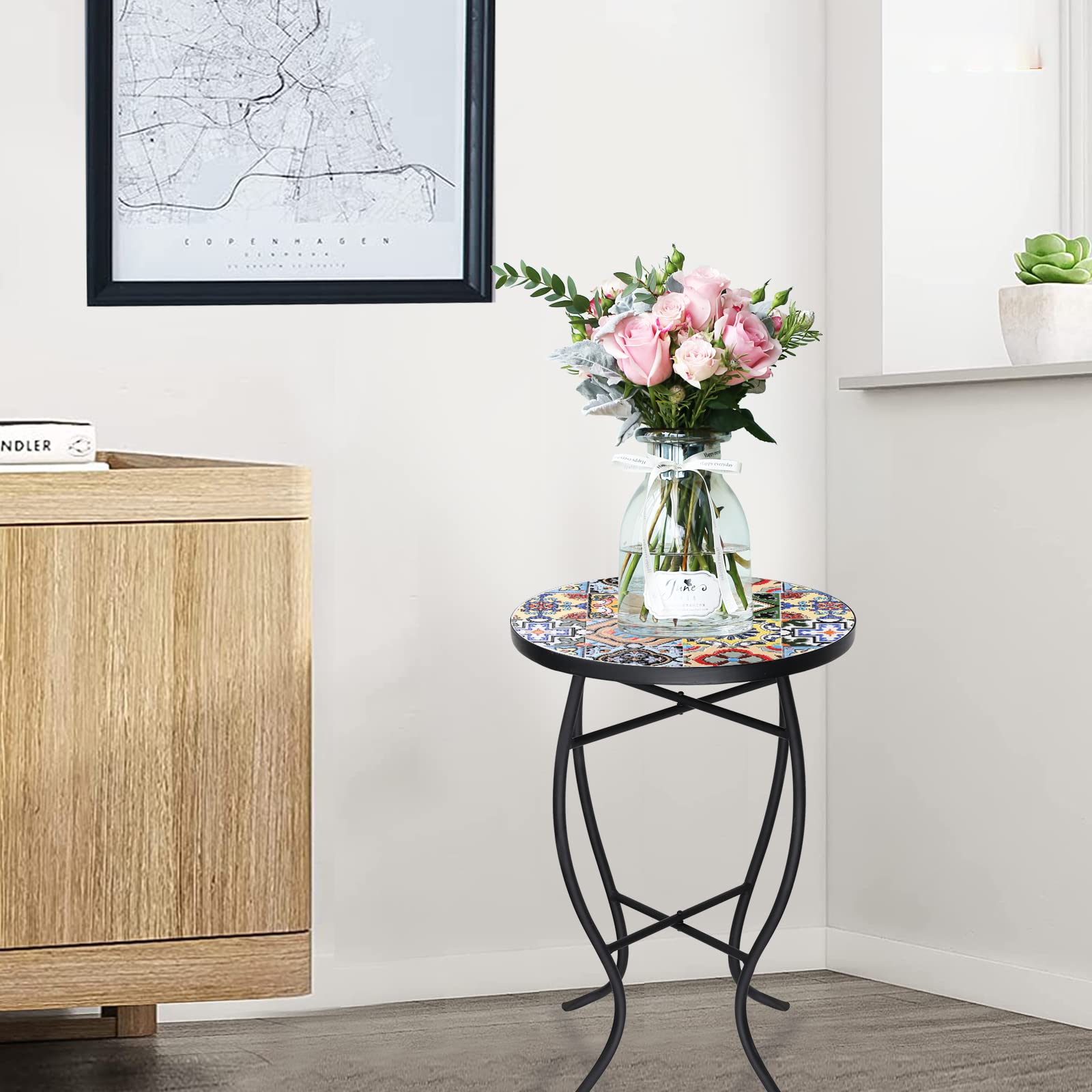21" Round End Table with 14" Ceramic Tile Top, Indoor Patio Accent Table