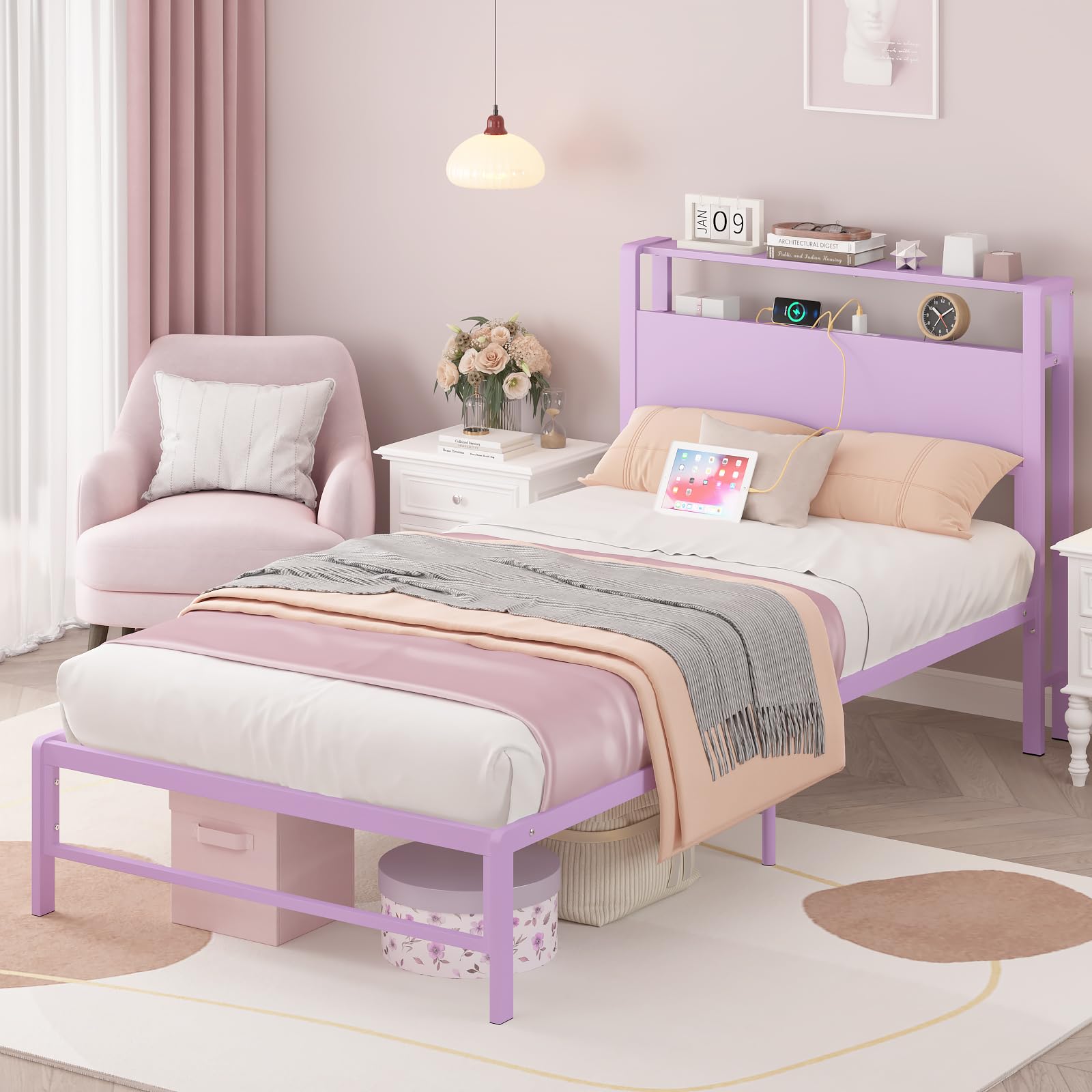 Twin Bed Frame with Charging Station & Storage Headboard - Purple