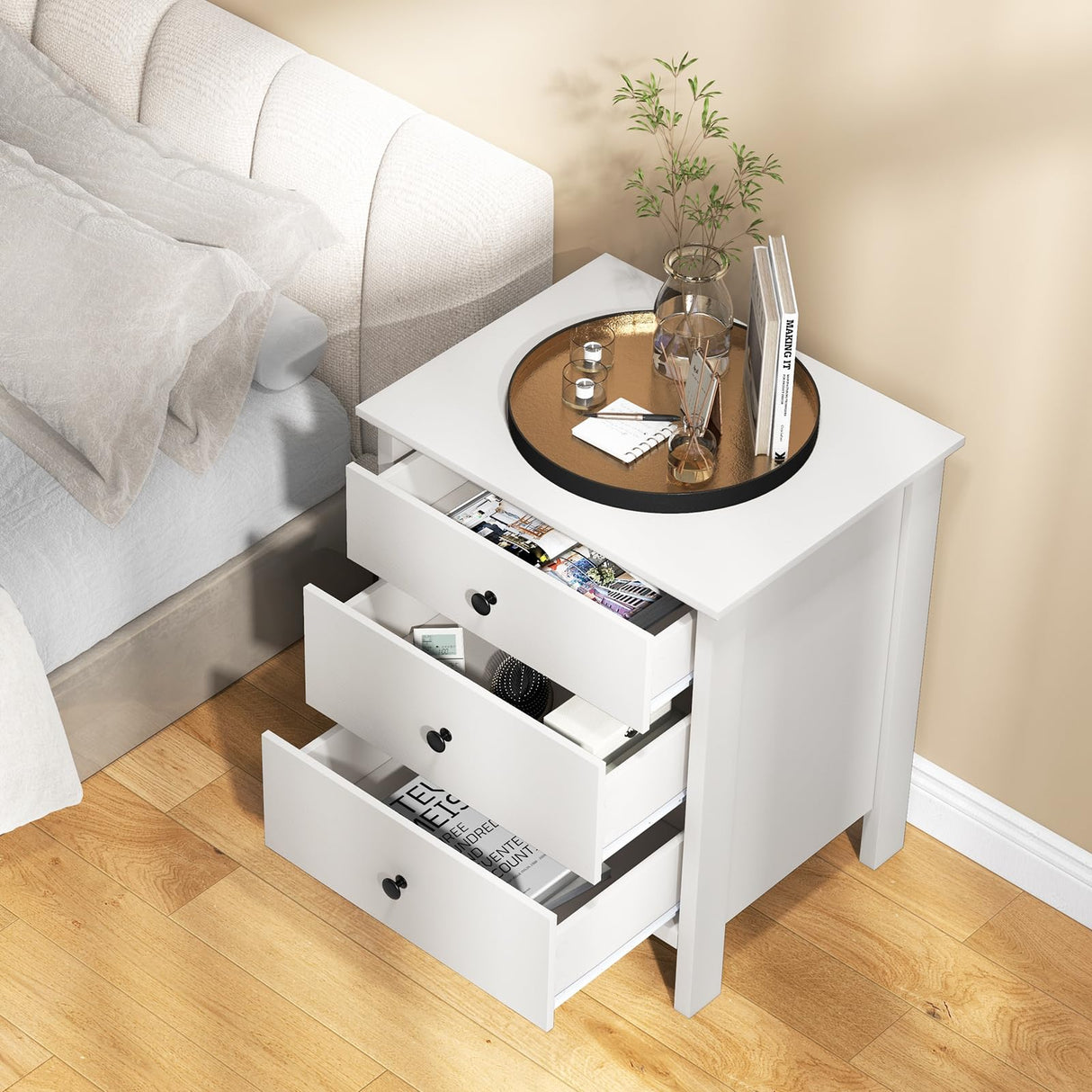 Nightstand with 3 Drawers Set of 2, Wooden Side End Table with Solid Wood Legs