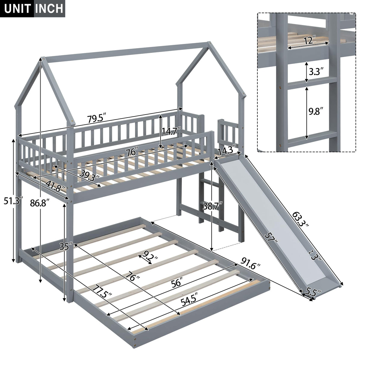 Twin Over Full Bunk Bed with Slide and Built-in Ladder, House Shaped Solid Wood Bunk Beds with Full-Length Guardrail for Kids,Teens, Adults, No Box Spring Required, Gray