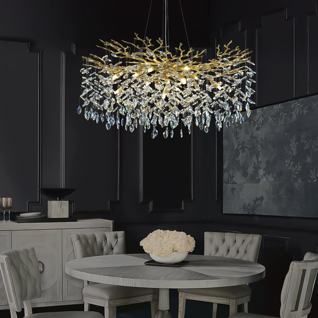 Modern Crystal Chandeliers for Dining Room, 40" Round Gold Tree Branches Chandeliers,