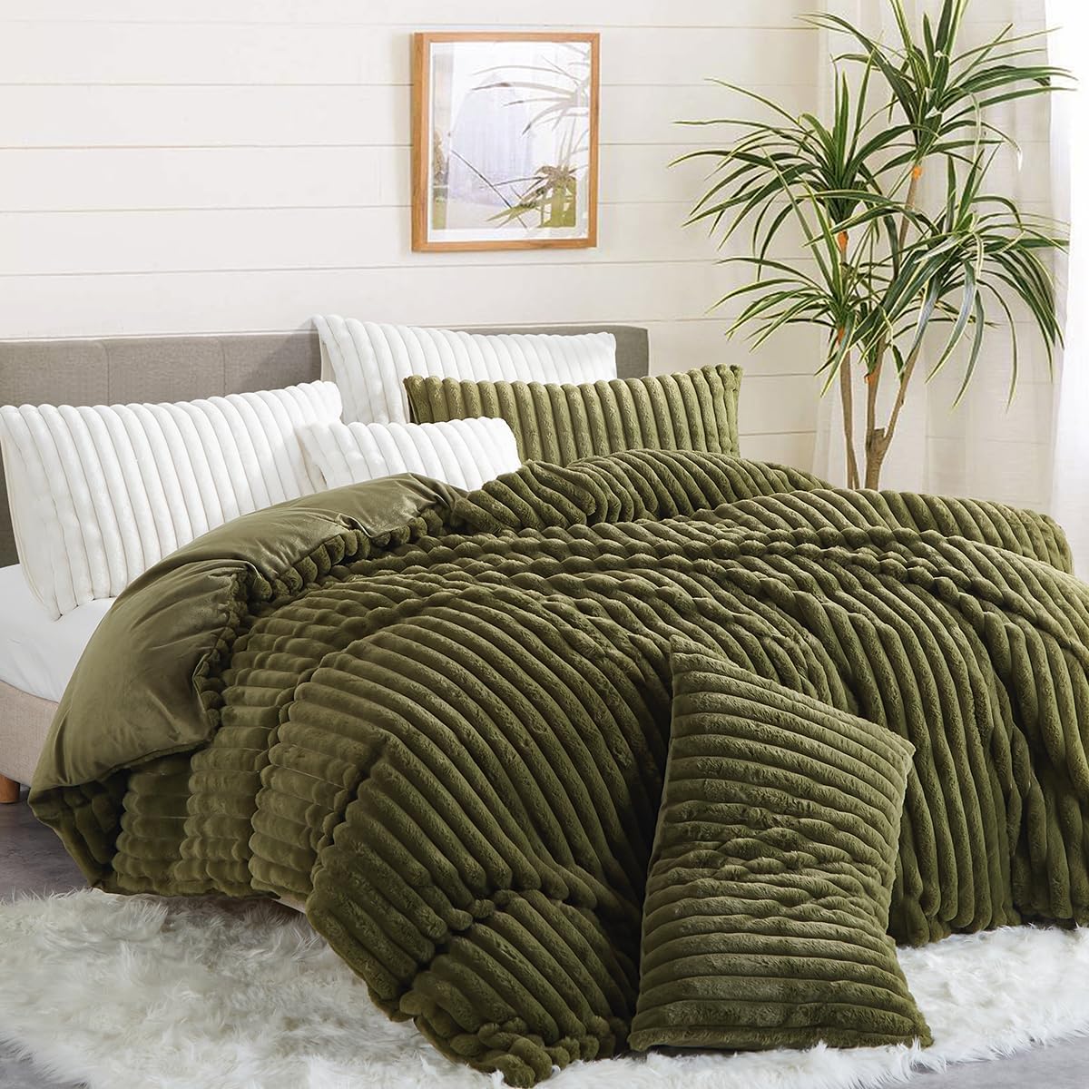 Fluffy Faux Fur Duvet Cover Queen Size Velvet Flannel Olive Green Striped Reversible Comforter