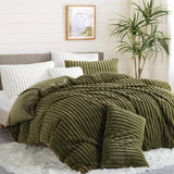 Fluffy Faux Fur Duvet Cover Queen Size Velvet Flannel Olive Green Striped Reversible Comforter