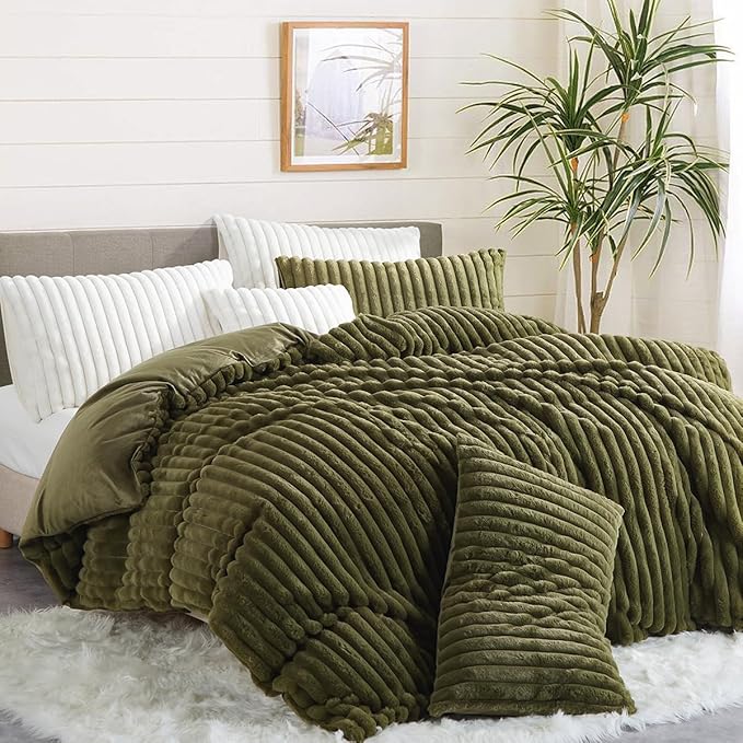 Fluffy Faux Fur Duvet Cover Queen Size Velvet Flannel Olive Green Striped Reversible Comforter