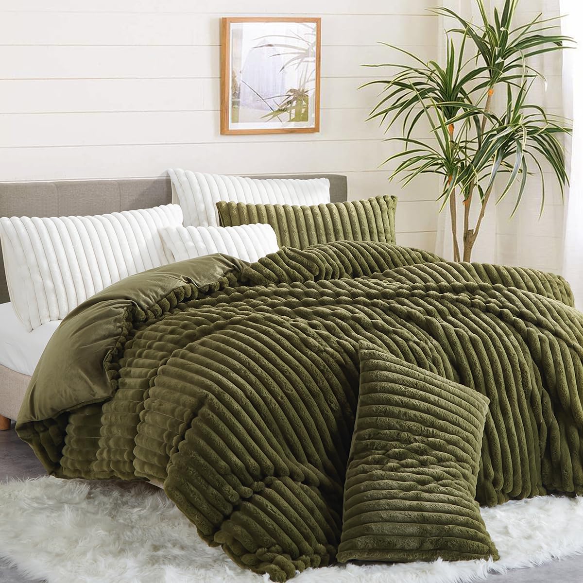 Fluffy Faux Fur Duvet Cover Queen Size Velvet Flannel Olive Green Striped Reversible Comforter