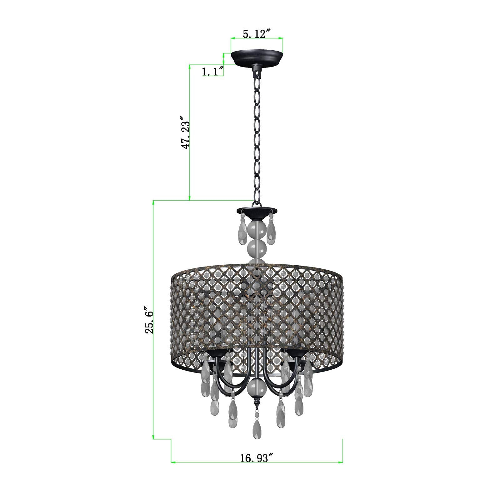 Modern Round Crystal Chandelier,Antique Beaded Drum Shade Copper Bronze 4 Lights