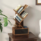 Rolanstar Bookshelf with Drawer, 4 Shelf Tree Bookshelf, Wooden Bookshelves Storage Rack for CDs/Movies/Books, Rustic Brown Bookcase, Utility Organizer Shelves for Living Room, Bedroom