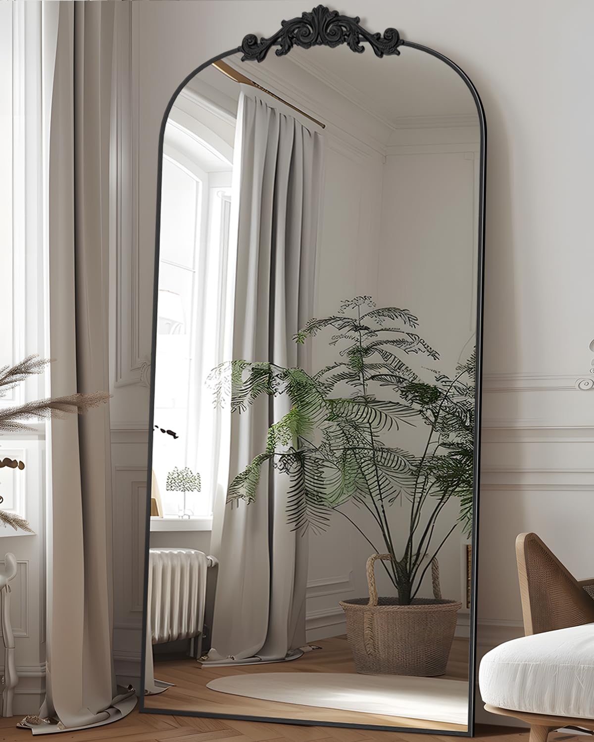 Floor Mirror Freestanding with Carved Metal Frame & Bottom