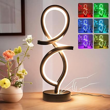 Modern Table Lamp, LED Spiral Lamp, Black Bedside Lamp with Stepless Dimming Switch