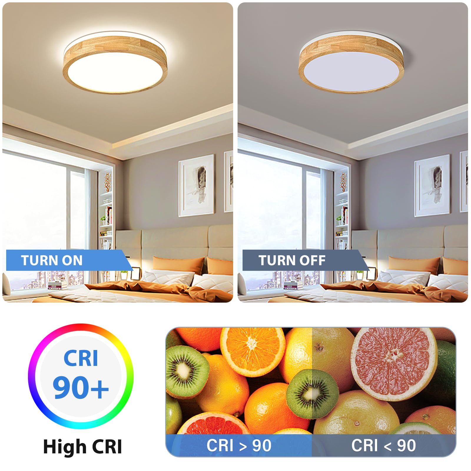Modern Dimmable Wood Flush Mount Ceiling Light - 15.74in Round LED