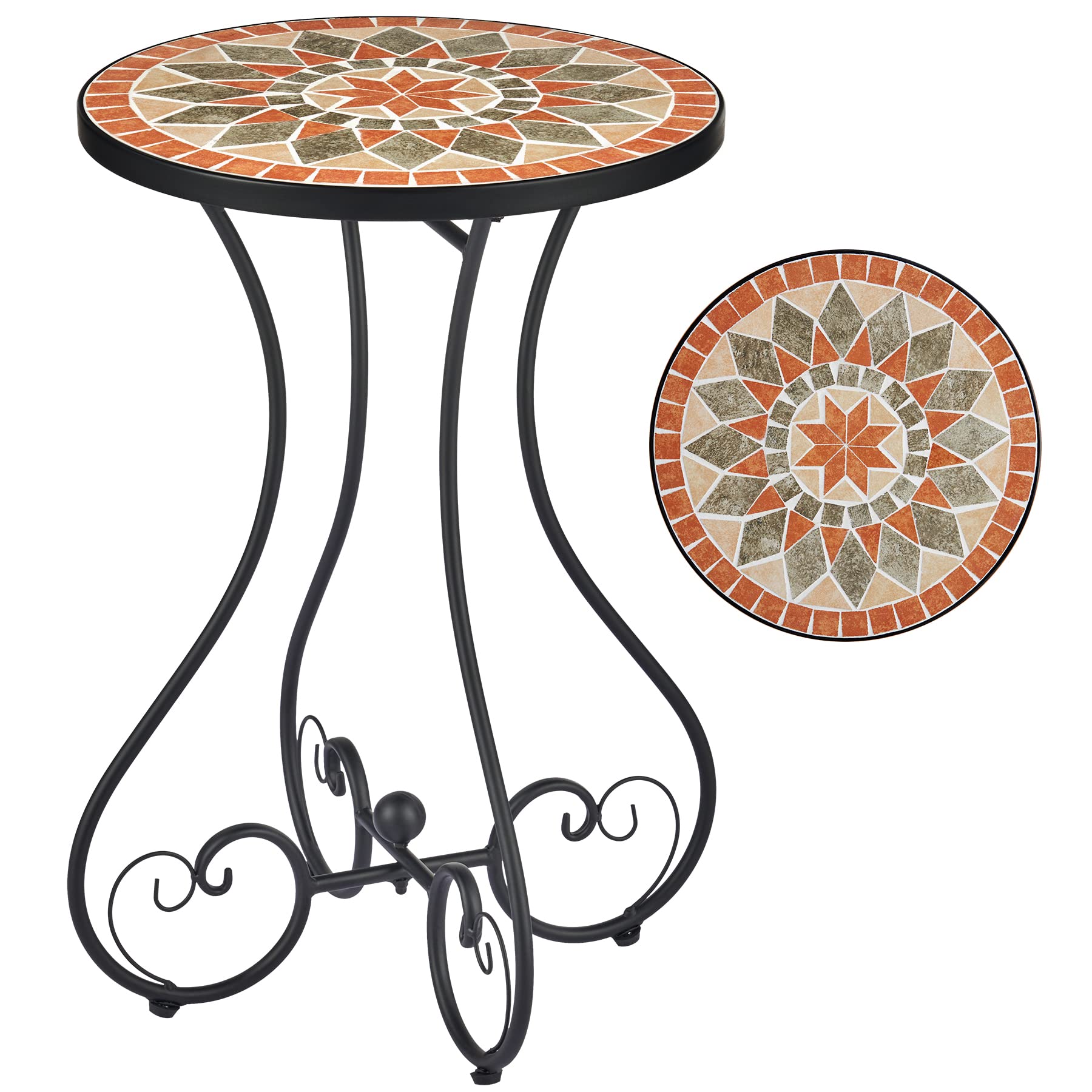 VONLUCE Outdoor Side Table and Mosaic Plant Stand, 21" Round End Table with 14" Ceramic Tile Top for Patio Porch Decor, Indoor and Outdoor Accent Table, Small Coffee Table for Home Garden, Quilt Star - Bircata