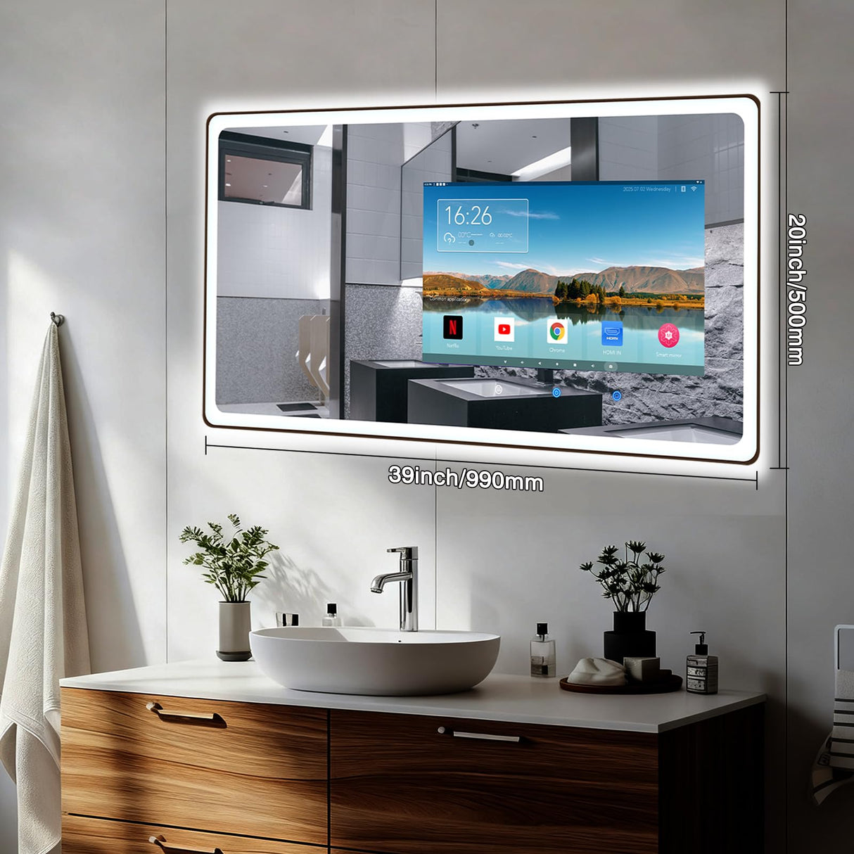 39×20 Inch Smart Bathroom Mirror with Touchscreen TV