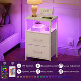 HOOBRO Nightstand with Charging Station, Bedside Table with LED Lights and 2 Fabric Drawers, End Table with Outlets and USB Ports, Small Night Stand for Bedroom, White WT118UDBZ01