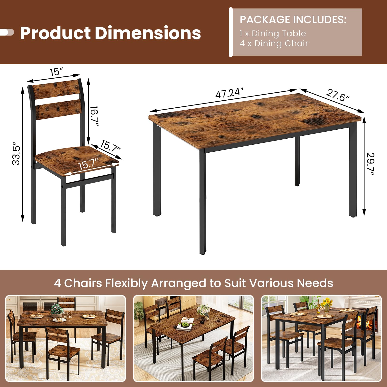 5-Piece Farmhouse Dining Table Set for 4