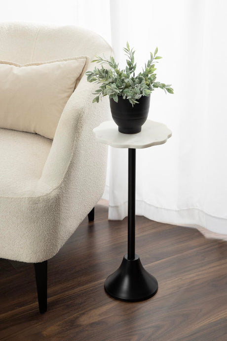 Modern Pedestal Drink Table, 10 x 10 x 23, White Marble and Black, Decorative End Table