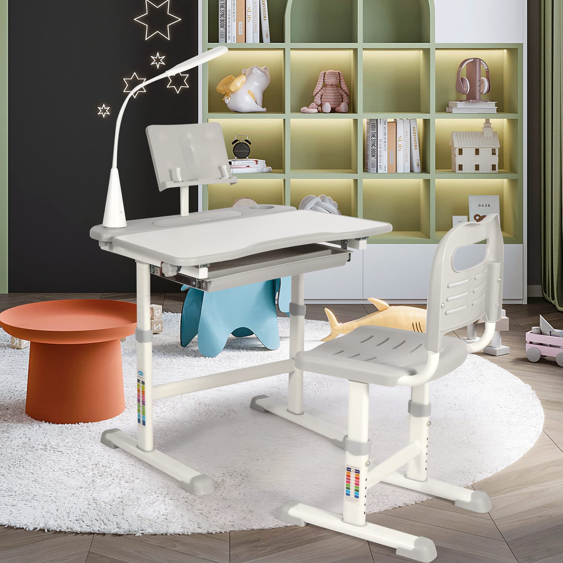 Kids Desk and Chair Set,Height Adjustable Childrens Homeschool Study Table with Storage Drawer