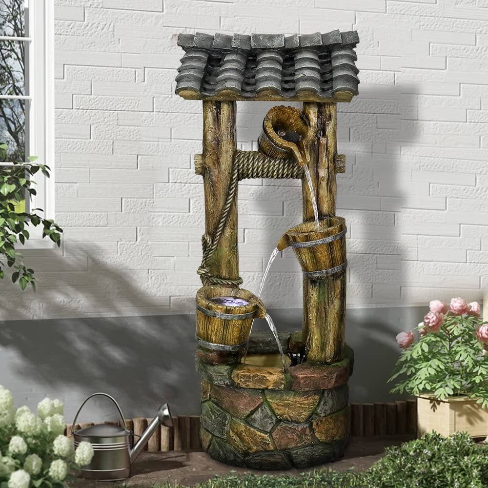 Wishing Well Water Fountain, 39.3inches Rustic Outdoor Water Fountains
