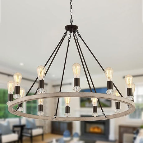 Farmhouse Wagon Wheel Chandelier 8 Light Oak White and ORB Rustic Industrial Metal