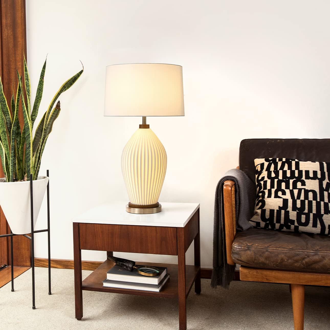 Bone Porcelain Table Lamp with Nightlight - 28", Weathered Brass and Walnut, 4-Way