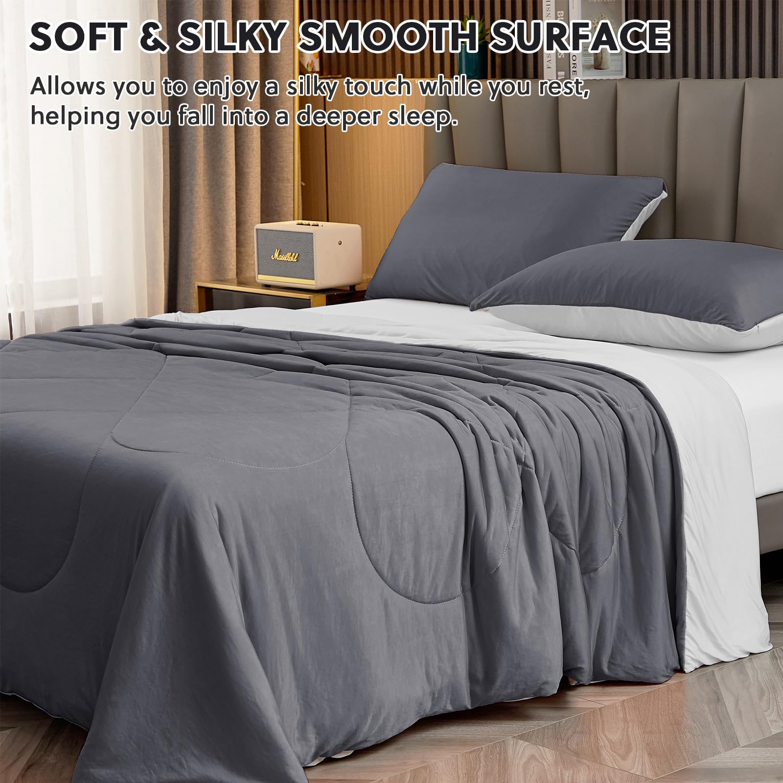 HOMFINE Cooling Comforter Japanese Double-Sided Cold Tech Fabric Cooling Blanket for Night Sweats Hot Sleepers, Q-Max 0.45 Soft Breathable Silky Smooth Lightweight Grey Summer Comforter Queen