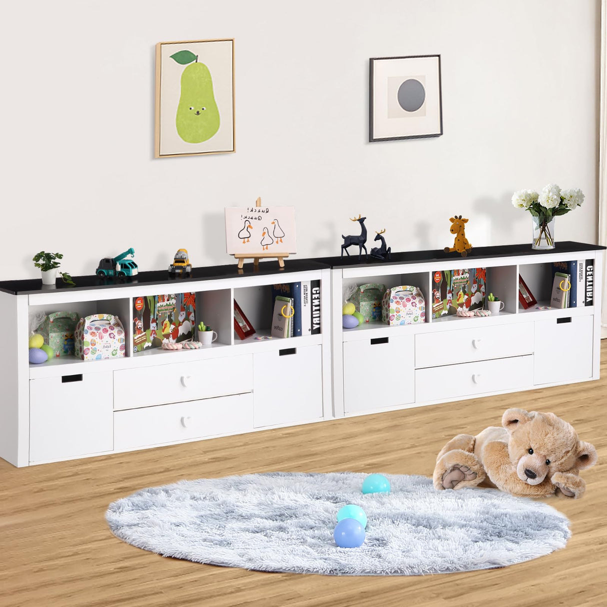 GarveeHome Kids Toy Storage Organizer - Large Storage Cabinet, Spacious Blackboard Desktop, Sturdy and Safe, Movable Drawers, for Bedroom, Playroom, Nursery, Kindergarten, White