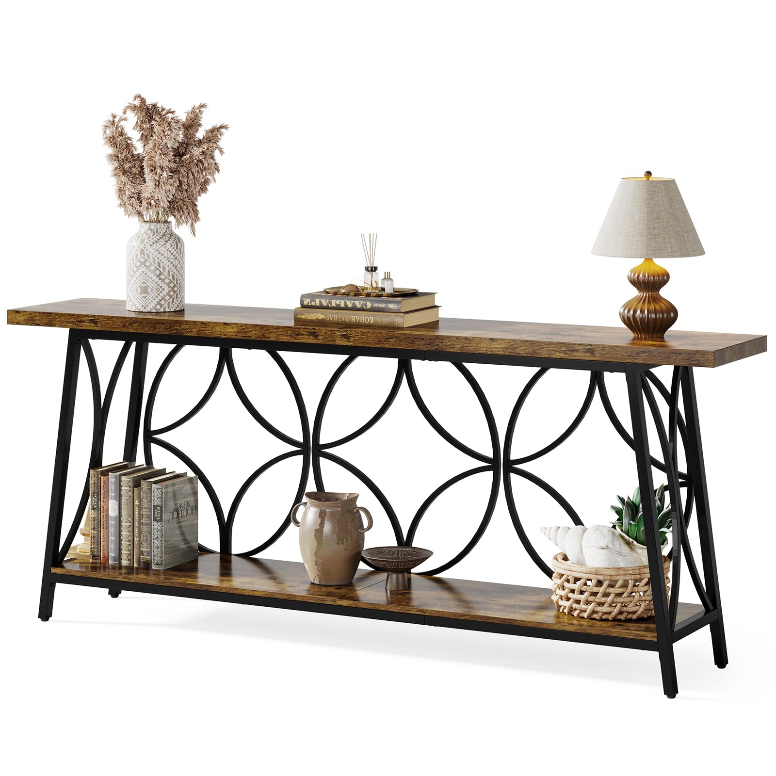 70.9-Inch Rustic Brown Console Table with Storage - 2-Tier Sofa Table