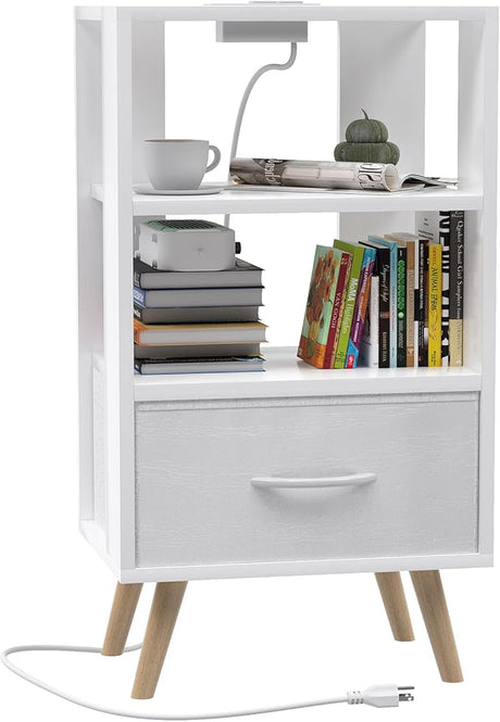 Night Stand with Charging Station, White Kids Nightstand with Drawer