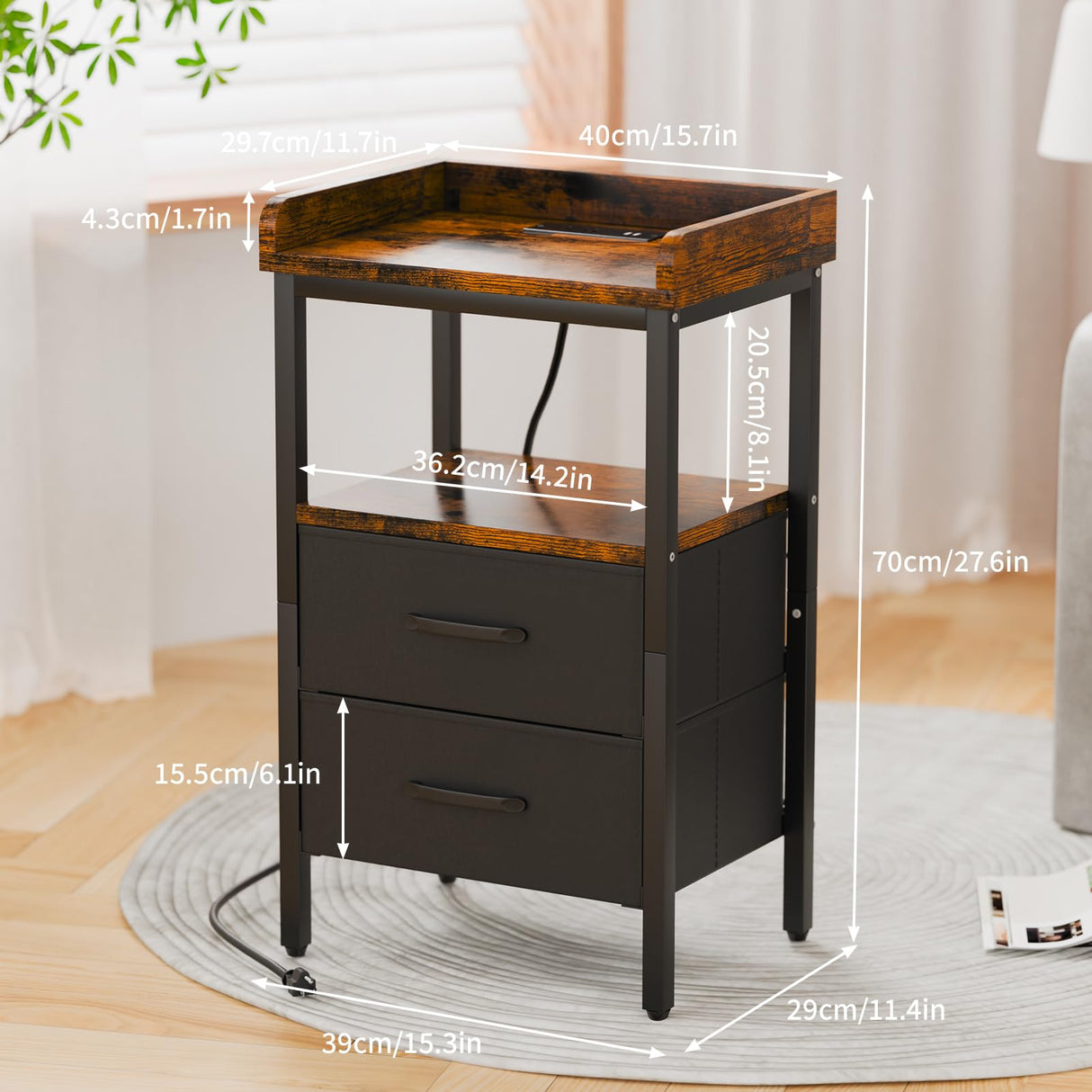 TARKARI LED nightstand with Charging Station Bedside Table with Drawers USB Side Tables Bedroom nightstands end Tables Night Stand