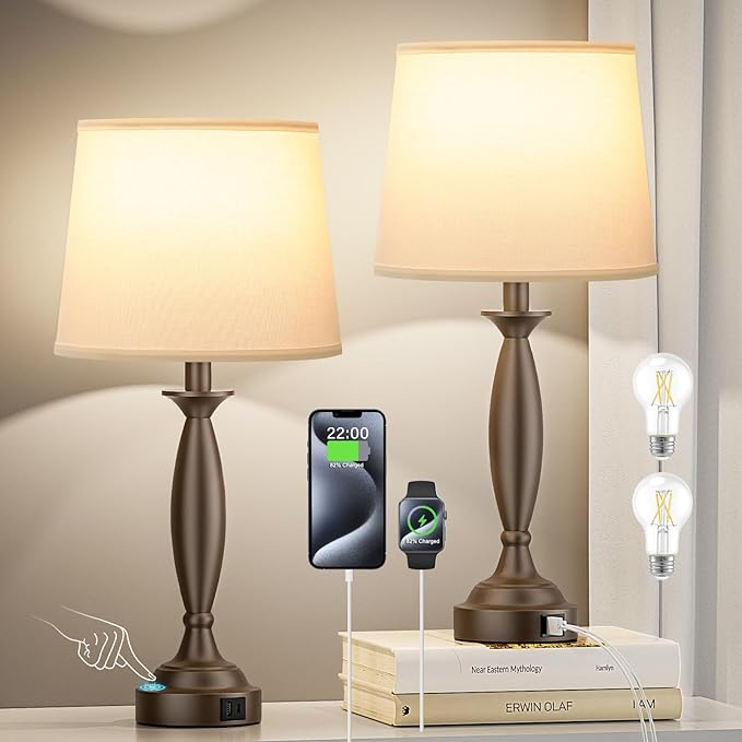 Beige Brown Lamps for Bedrooms Set of 2 - Touch Control Bedside Lamp with USB C+A,