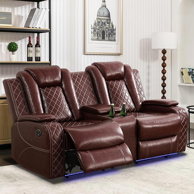 Leather Recliner Sofa Set with LED Lights,Power Reclining Sofa and Loveseat Set