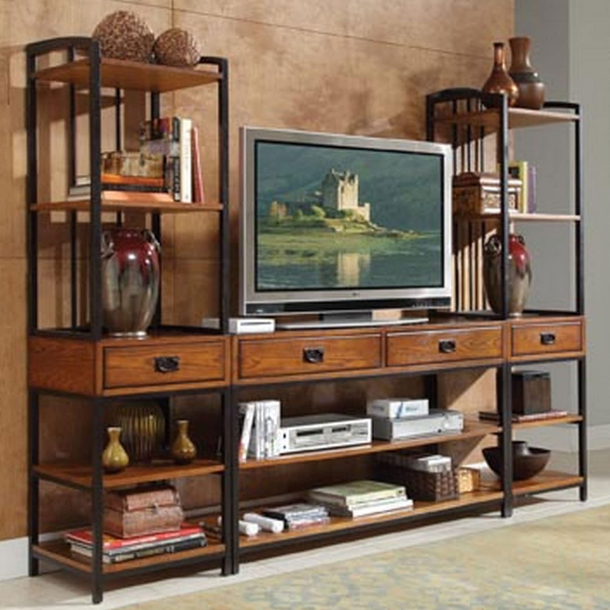 Modern Craftsman Distressed Oak 3Piece Entertainment Center