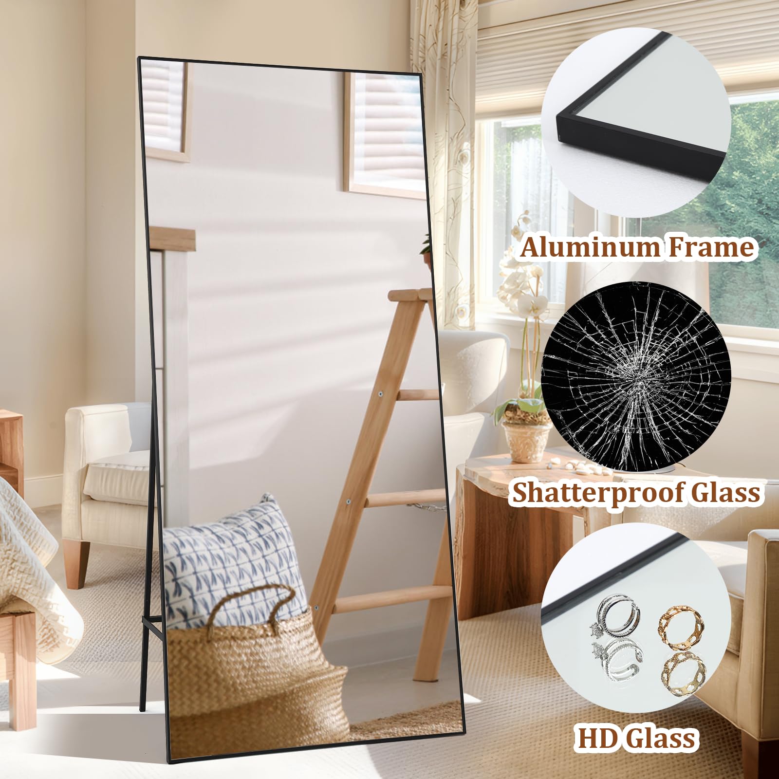 Full Length Mirror, 76"x34" Floor Mirror, Extra Large Hanging or Leaning Rectangle Mirror