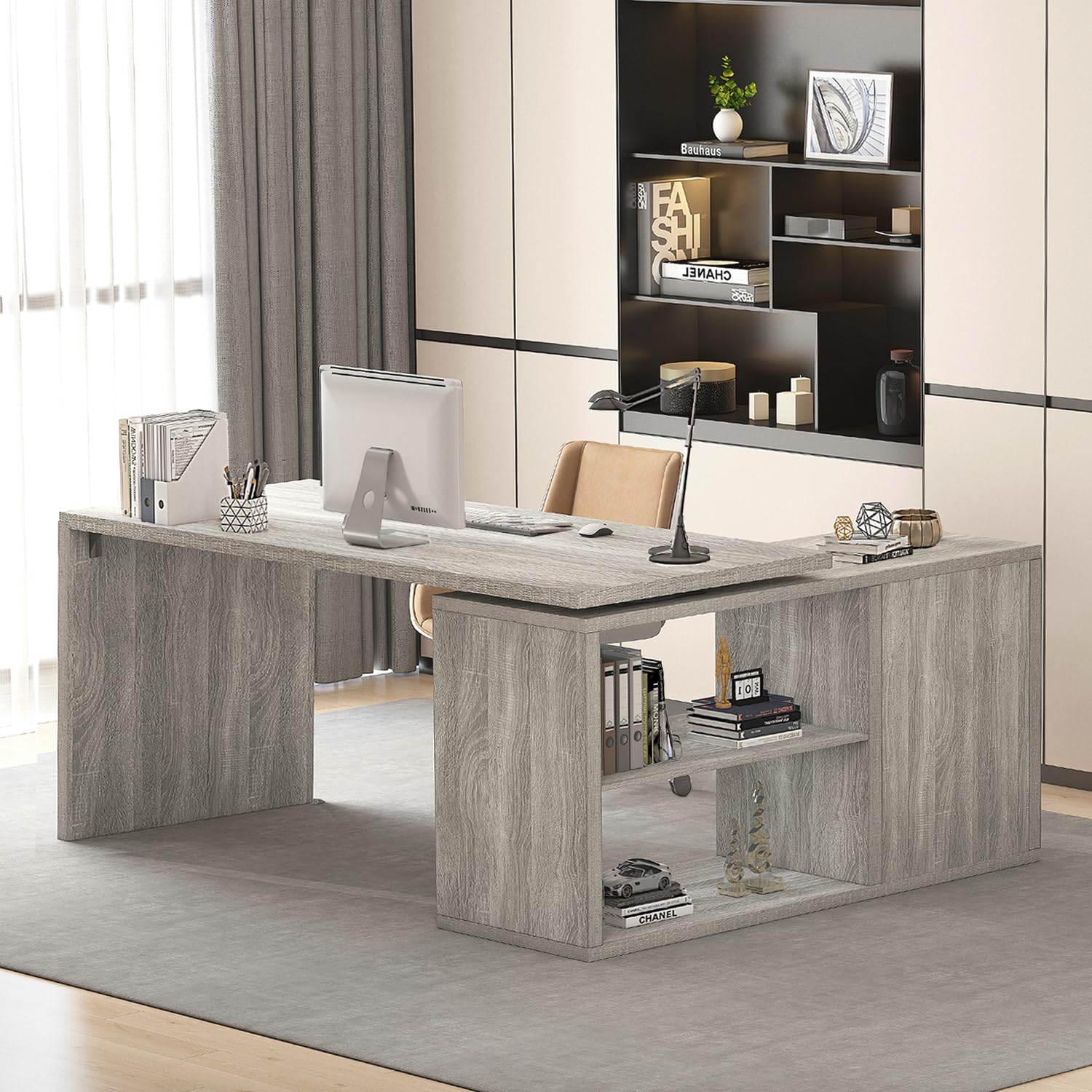 Gray L Shaped Corner Desk with Storage Shelves, Reversible L Shape Computer Desk