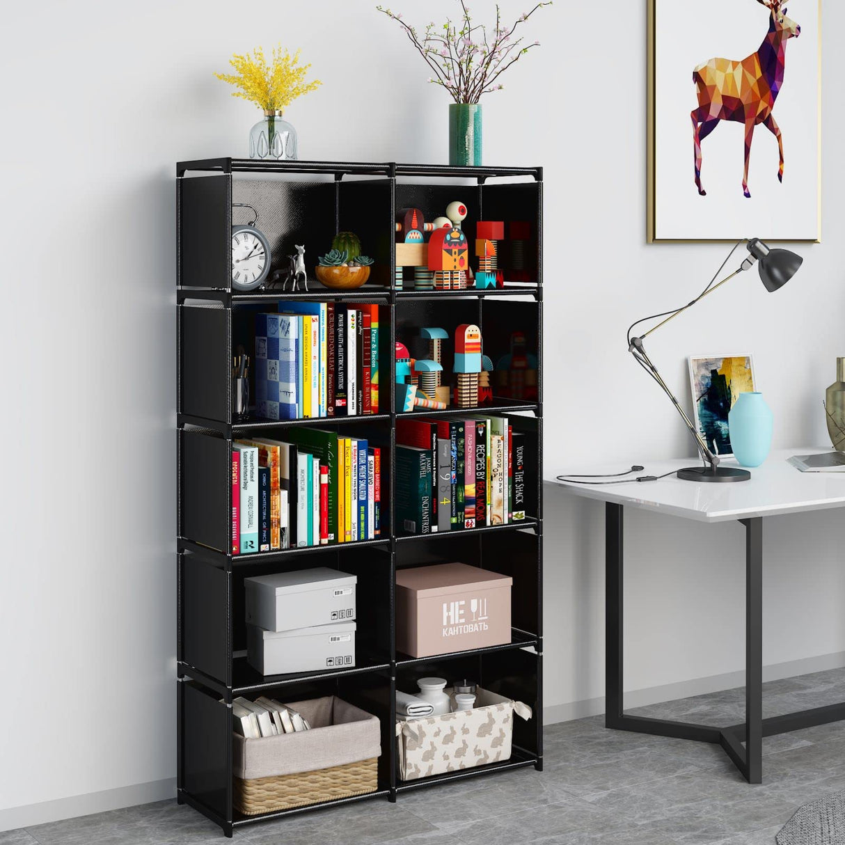 6-Tiers Portable Bookshelf with Fabric Cloth at Back, 10 Cube Closet Storage Organizer Bookcase