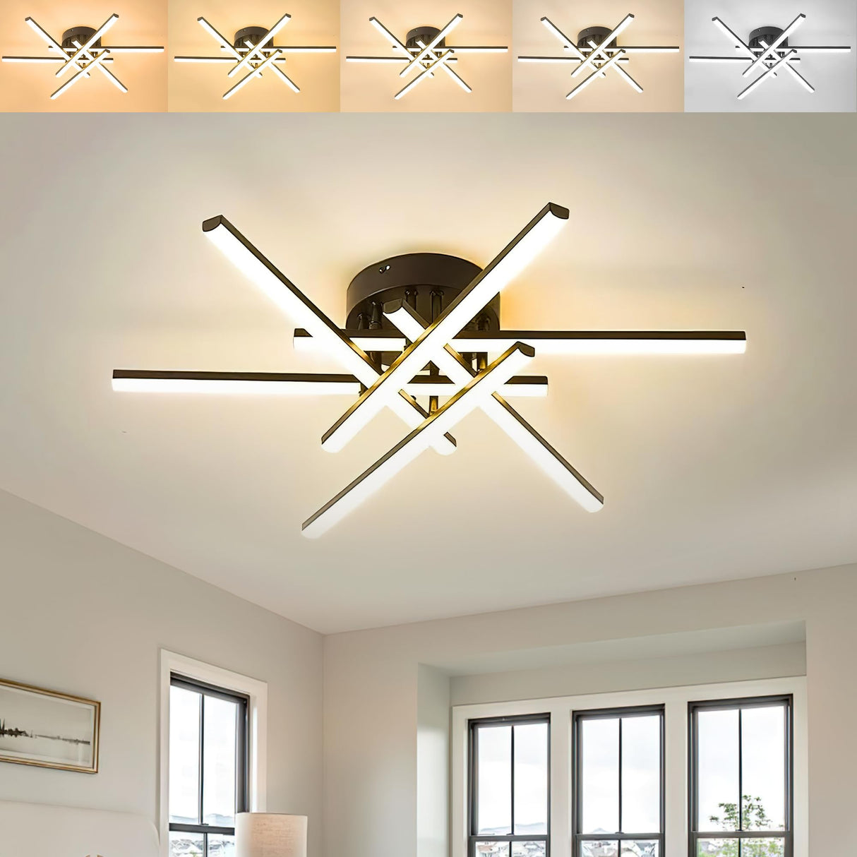 Modern LED Ceiling Light - Dimmable 5CCT Flush Mount (6 Lights, Black)
