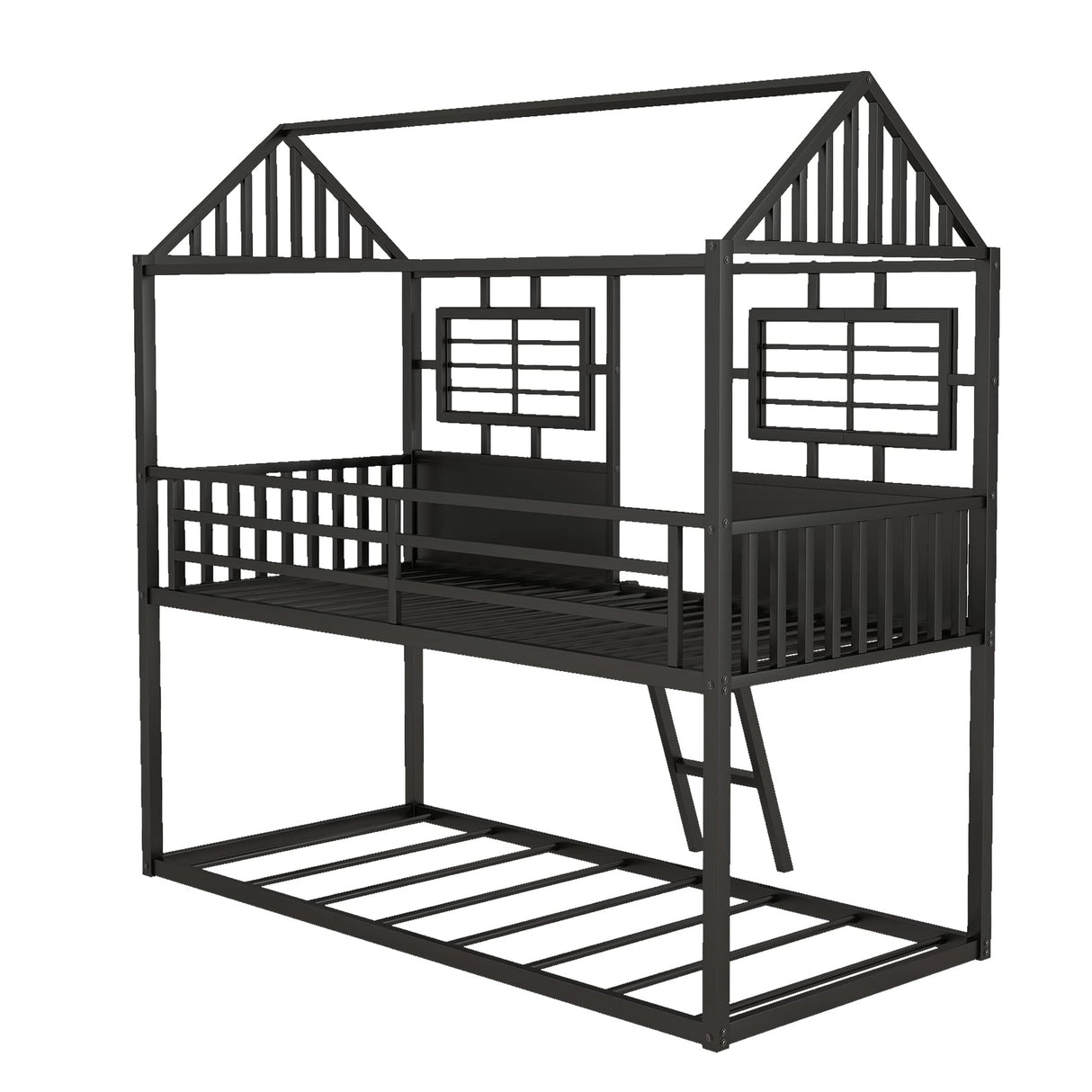 Twin Over Twin Size Metal Low Bunk House Bed with Roof, Two Front Windows