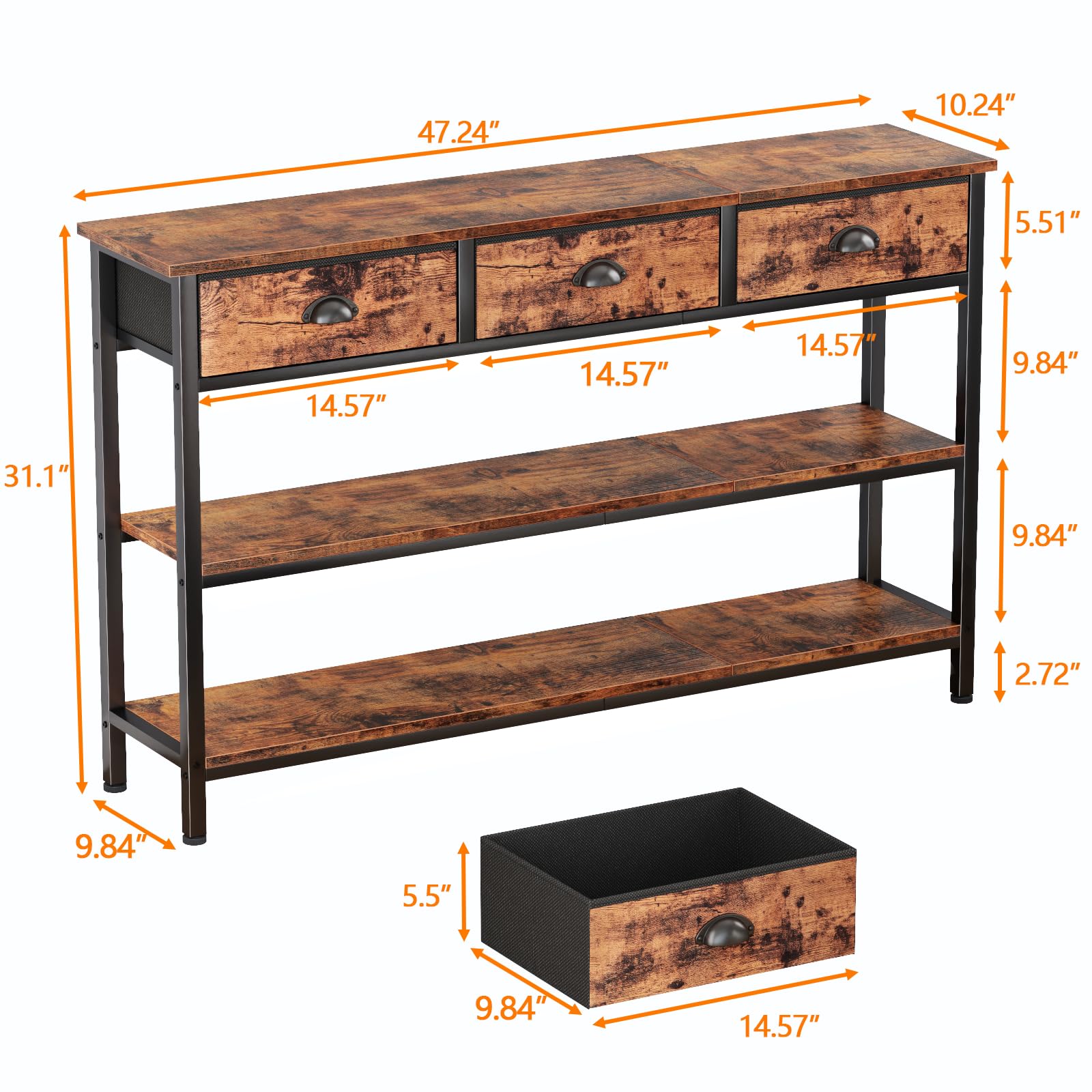 47" Console Table with 3 Drawers & Storage Shelves - Rustic Brown