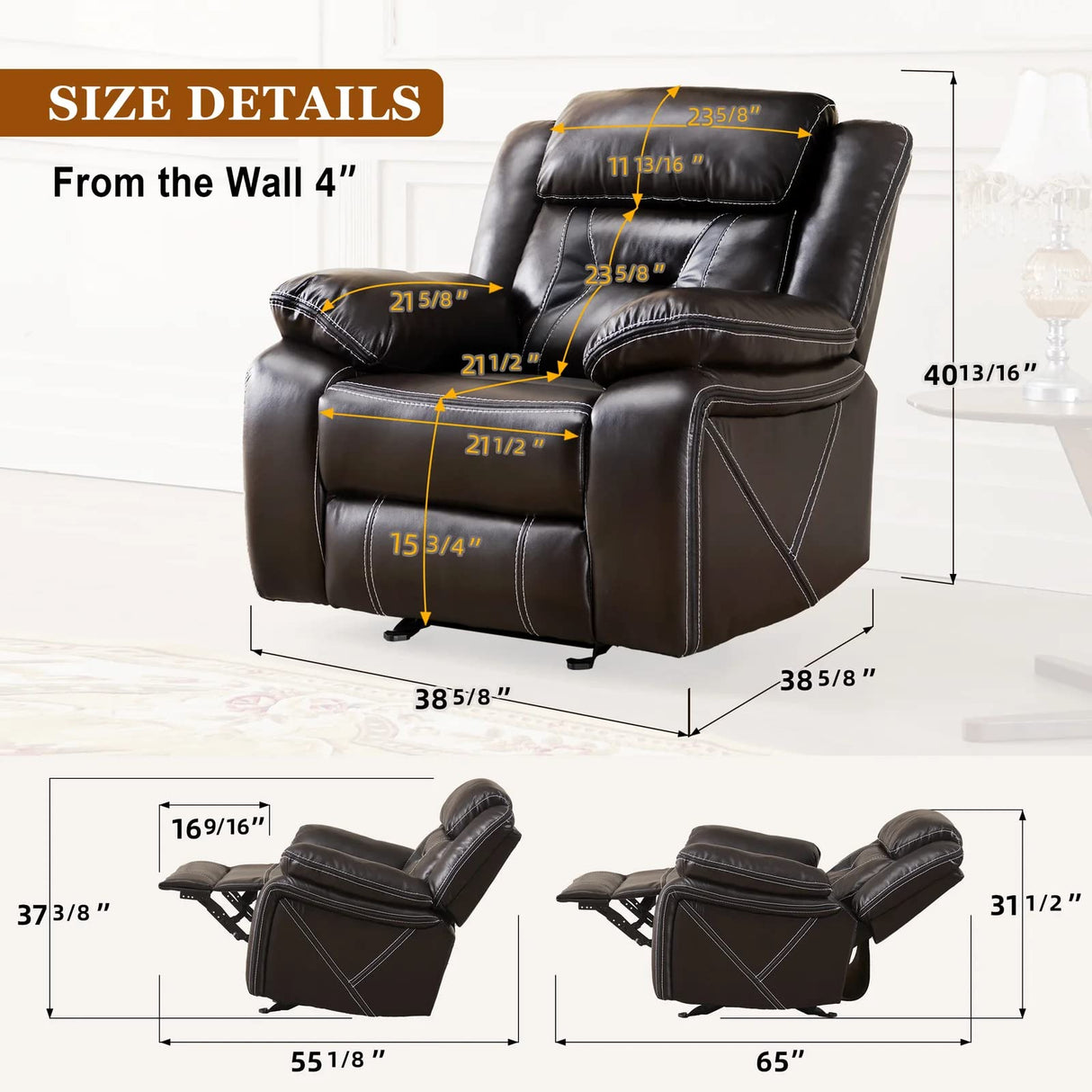 DAZONE Recliner Chair, Leather Recliner Lazy Boy Recliner Comfortable Home Theater Seating with Rocking Glider Recliner Chair for Living Room Reclining Rocker Single PU Faux Manual Recliner Brown