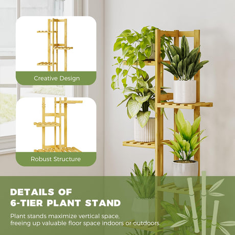 Bamboo Corner Plant Stand Indoor, 6 Tier Tall Plant Shelf for Multiple Plants