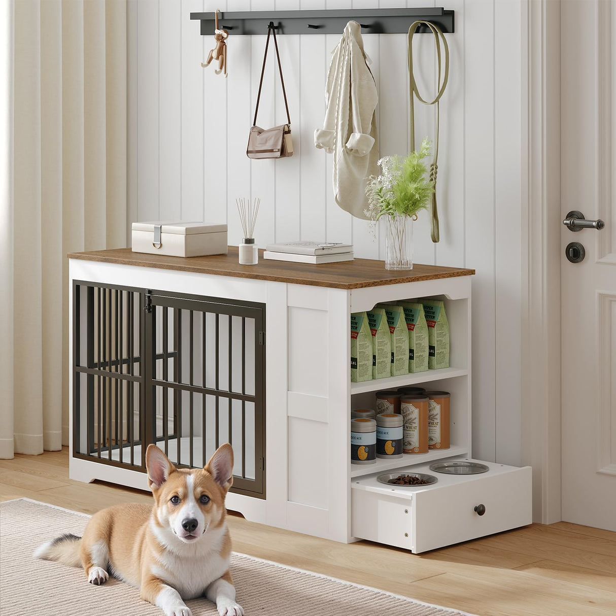 47.2" Dog Crate Furniture with Storage Shelf and Feeding Bowls